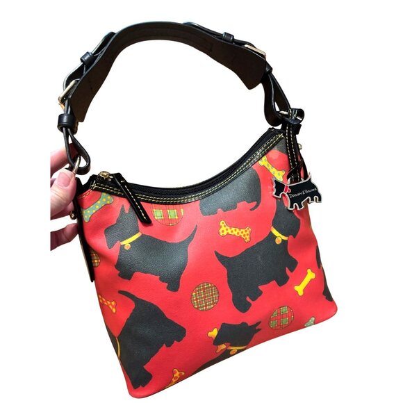 Dooney & Bourke Scottie Dog Bucket Bag Red Black Leather Handbag Plaid Lined - Picture 1 of 12